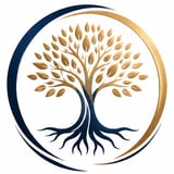 Stylized tree with golden foliage and dark roots enclosed in a circular navy and gold frame